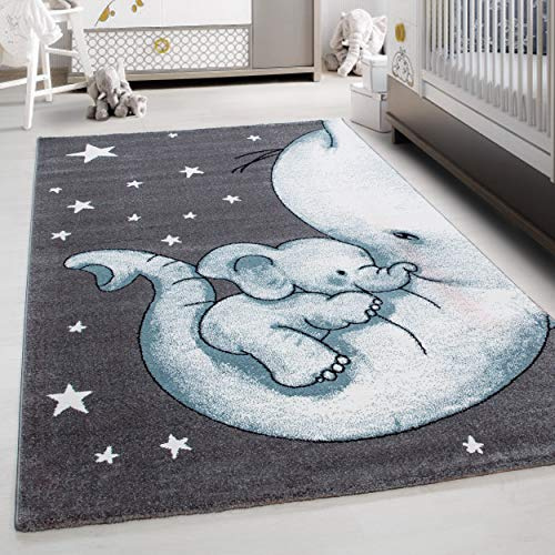 Teppium Kinderteppich für Jungen und Mädchen Elefant Muster 120 x 170 cm Blau - Kurzflor Waschbarer Teppich Extra Weich und Antiallergen - Teppich für Kinderzimmer, Babyzimmer und Spielzimmer