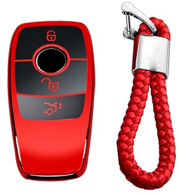 M.JVisun Leder-Schlüsselhülle für Herren und Damen, 100% echtes Leder, Schlüsselanhänger-Abdeckung für Mercedes-Benz E-Klasse, Glossy Red,Braided Keychain