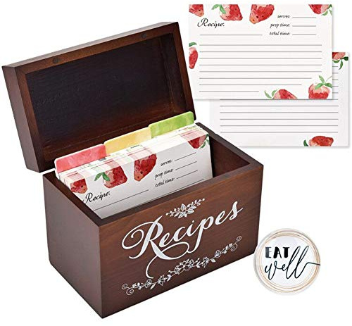 Scatola per ricette in legno vintage con cartoline e divisori.