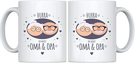 SET: 2 weiße Tassen -Hurra, Ihr werdet Oma & Opa- Geschenk für werdende Großeltern – Schwangerschaft verkünden – Baby Ankündigen (Zweierset Oma & Opa)