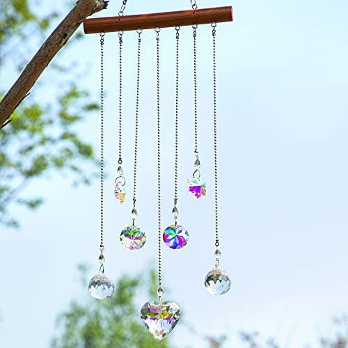 H&D HYALINE & DORA Kristall Regenbogen Herz Sonnenfänger Glas Mobile Wind Glockenspiel Hängende Wandkunst Ornament mit Holz Dekor