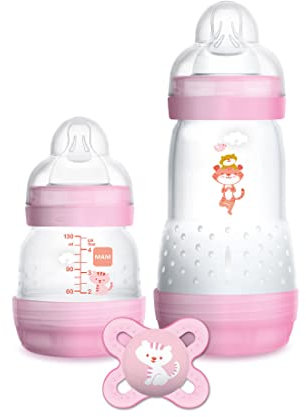 MAM Starter Set mit 2 Anti-Kolik-Fläschchen, 130 ml und 260 ml mit Sauger aus SkinSoft Silikon, mit Start Nano Schnuller, 0+ Monate, rosa