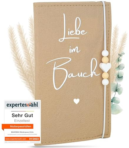MAHEWA® Mutter-Kind-Pass-Hülle Österreich aus Filz-Stoff | Mutterpass-Organizer Mutterpass-Tasche Schutzhülle (Mutterkindpass Liebe im Bauch, Beige)