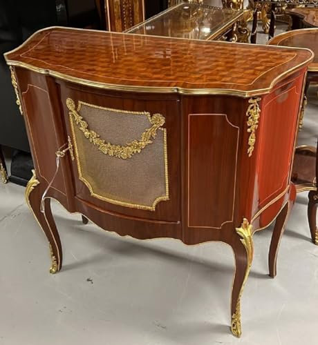 Casa Padrino Barock Sideboard Braun Intarsien/Gold - Handgefertigtes Massivholz Sideboard mit Tür und eleganten Verzierungen - Barock Wohnzimmer Möbel