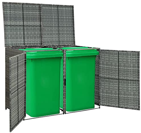 Gecheer Double Wheelie Bin Shed Rattan Bin Storage, Garbage Cover Trash Storage Shed, Hide Dustbin Bin Garden, Outdoor Firewood Shed Garden Tools Timber Unit Black Poly Rattan Anthracite 148x77x111 cm