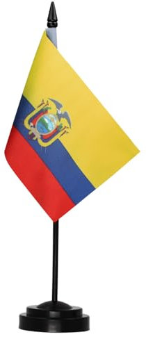 Anley Ecuador Deluxe Tischflaggen-Set – 15,2 x 10,2 cm Miniatur-ecuadorianische EC-Tischflagge mit 30,5 cm fester Stange – lebendige Farbe und lichtbeständig – schwarze Basis und Speerspitze