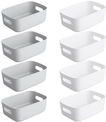 Bgfuni Set of 8 Small Plastic Storage Baskets, Office Home and Kitchen Tidy Organiser, White Studio Baskets for Small, Shelf 20 x14 x7.5cm, White+grey (AM00937015NI)