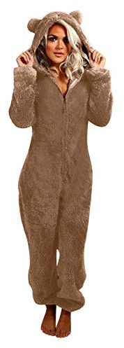 Jumpsuit Damen Lang Winter Einteiler Overall mit Kapuze & Reißverschluss Langarm Flauschig und Kuschelig Warm Hausanzug Teddy Fleece Pyjama Weich Gefüttert üBergröße Schlafanzug Pyjama