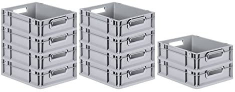 PROREGAL SparSet 10x Eurobox NextGen Grip | HxBxT 12x30x40cm | 11 Liter | Griffe offen | Grau | Eurobehälter, Transportbox, Transportbehälter, Stapelbehälter
