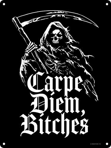Reaper Carpe Diem, Bitches Mini Blechschild Schwarz 15x20cm