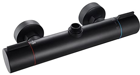 Dnkelar Grifo termostático de ducha, grifo de ducha, con 38 °C, botón de seguridad, control de temperatura constante, cromado, plata metálica, color negro