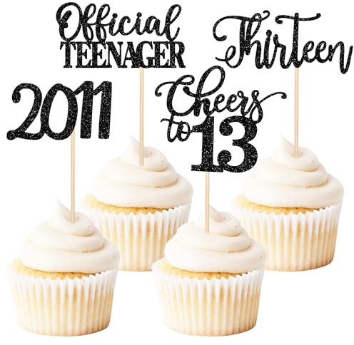24 Stück 13. Geburtstag Cupcake Toppers Glitter Dreizehn seit 2012 Offizielle Teenager 13 Cupcake Picks Hallo 13 Jahre Geburtstagskuchen Dekorationen für alles Gute zum 13. Geburtstag Party Schwarz