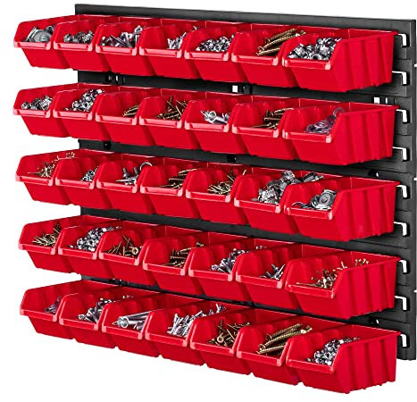 KADAX Étagère d'atelier, 58 x 39 cm, étagère murale à outils, en plastique robuste, système de stockage résistant aux UV, panneaux muraux extensibles, étagère murale d'atelier (rouge, 35 pièces)