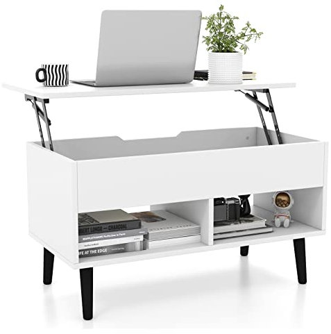COSTWAY Mesa de Centro Elevable de Madera, Mesa de Cóctel Moderna con Compartimento Oculto & 2 Estantes Abiertos, para Salón, Sala de Recepción, Oficina (Blanco)
