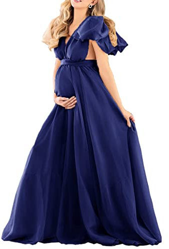 WSEYU Robe de mariée bouffante en mousseline de soie, robe de maternité, robe de fête prénatale avec col en V pour femme enceinte, bleu marine, 40