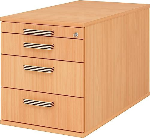 bümö Rollcontainer mit Schubladen, Container abschließbar aus Holz in Buche - Rollwagen für's Büro als Schreibtisch Unterschrank, Bürocontainer od. Schreibtischcontainer mit Streifengriffe