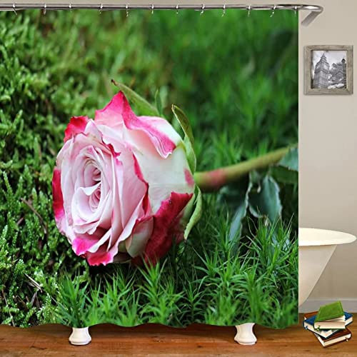 Mesnt Duschvorhang Antischimmel Waschbar, Polyester Rosenblume und Gras Badezimmer Textil Vorhang Anti Schimmel, Bunt, 150x200cm