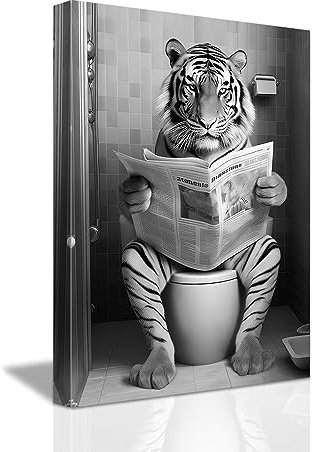 LZIMU Lustige Badezimmer Wanddekoration Tiger der auf der Toilette sitzt und Zeitung liest Leinwand Kunstdrucke schwarz weiße Tiere Wandbild (A, 28.00 x 35.00 cms)