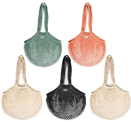 ilauke Reusable Shopping Bags 5Pcs, Large Mesh Bags 70x43cm, Cotton String Bags with Long Handle, Grocery Net bag for Fruit Vegetable, 4 Colour