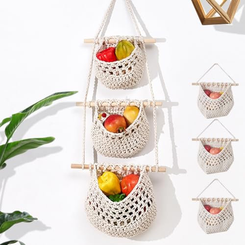 COANSEN 3 Stöckiger Obstkorb Hängend,Obstkorb Wand,Obst Aufbewahrung, Handgefertigt Korb Hängender Küche Boho Hängekörbe,Für Küche, Wohnzimmer,Badezimmer,Schlafzimmer (Weiß)