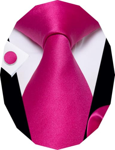 YourTies Gestreifte Krawatten für Herren, klassische gewebte Seidenkrawatte mit Taschentuch, Manschettenknöpfen, Set, formelle Geschäftsparty, Hochzeit, H Fuchsia, Medium