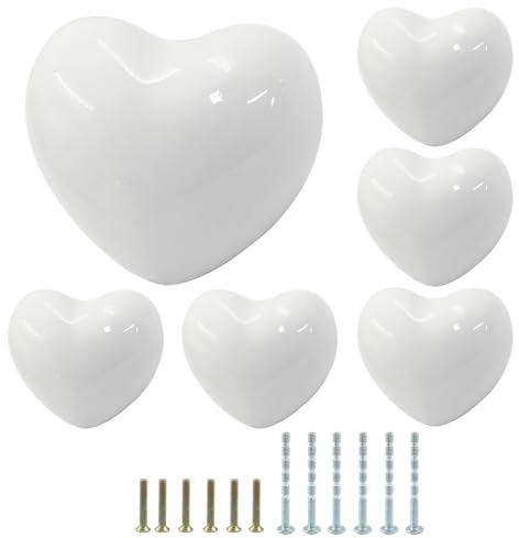 suiwotin Lot de 6 boutons de tiroir en céramique blanche en forme de cœur, poignées de placard de cuisine, poignées décoratives en céramique pour placard, placard, porte de meubles