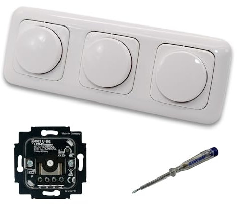 Busch Jäger 6523U-102 (3 Stück) LED Drehdimmer Dimmer + Dimmerscheiben 2115-214 in ReflexSi alpinweiß glänzend im 3-fach Rahmen inkl. EBROM Phasenprüfer zur Montage der Geräte 6523 U - 102