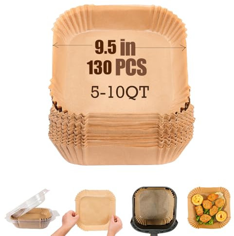 M-bestl 9.5 Inch Paper Air Fryer Liners Disposable,130 Pcs Square Air Fryer Paper Liners, Suitable for 5-10 Qt,Non-stick Parchment Paper for Frying