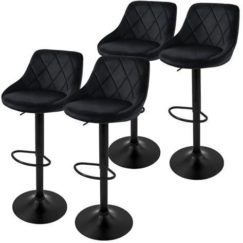 ML-Design Barhocker 4er Set, Bezug aus Samt, Schwarz, Gepolsterter Barstuhl mit Rückenlehne und Fußstütze, Tresenhocker höhenverstellbar 62-82 cm, 360° drehbar, Bistrohocker Hocker Drehstuhl Barstühle