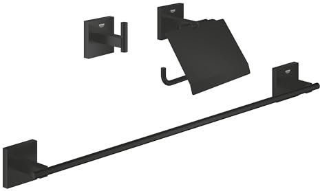 GROHE Start Cube, Bad Accessoire Set 3in1 ohne Bohren (Toilettenpapierhalter, Handtuchhalter, Badetuchhalter, zum Bohren oder Kleben, inkl Schrauben & Dübel, ohne Kleber), schwarz, 411242430