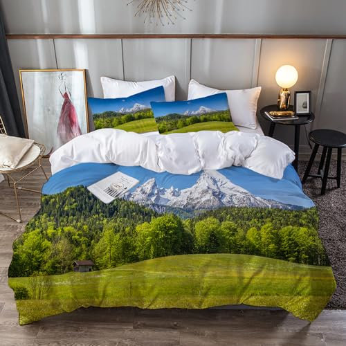 PUCHEN Bettwäsche-Sets 135 x 200 cm,Bayerische Alpen mit dem Dorf Berchtesgaden und dem Watzmann-Massiv, Nationalpa,Bettbezug Set aus gebürsteter Mikrofaser 2X Kissenbezug 80x80 cm