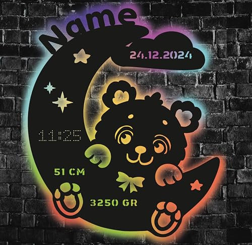 WALUNA® Taufgeschenk Nachtlampe für Kinderzimmer Teddy LED Baby Geschenk personalisiert mit Name, Datum, Uhrzeit und Große zur Konfirmation für Mädchen & Jungen in 12 Holzarben