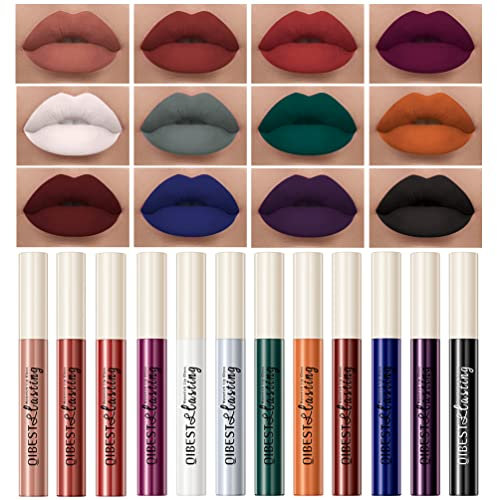 QiBest Goth Black & Bold Lipstick for Halloween Makeup, Matte Liquid Lipstick for Girls & Women, 24 Hours Long Lasting Waterproof Lip Gloss Gift Set, Non-Stick Cup Mate Duracion 24 Horas Lip Stains