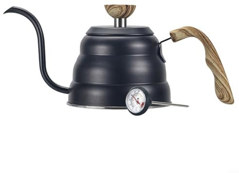 ARMYJY Gooseneck Drip Coffee Kettle,Espresso Pour Over Tea Stainless Steel Wood Handle Thermometer(Black 1L)