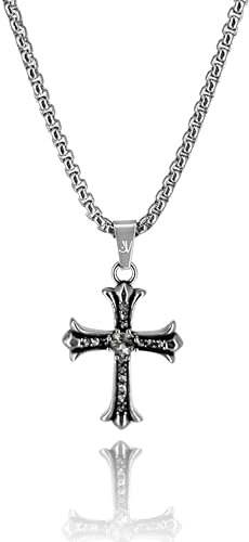 JVillion Glänzendes Kreuz-Anhänger Halskette Silber Herren, Box Kette, Iced Out, Y2K Schmuck, Streetwear Modeschmuck, Edelstahl, 50-60cm, Wasserfest & Nicht-Abfärbend (50)