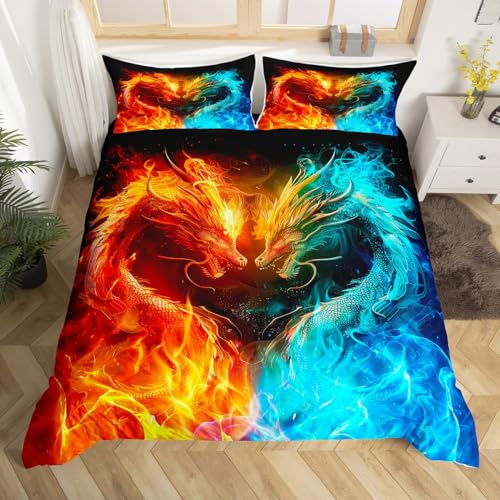 Loussiesd Kinder Drachen-Bettdeckenbezug Einzelgröße Eis-Feuer-Drache Bettwäsche-Set Wildtier-Bettdeckenbezug Paar Wildtier-Bettspread-Bezug Gelb und Blau Quilt-Set mit 1 Kissenbezug 2-teilig
