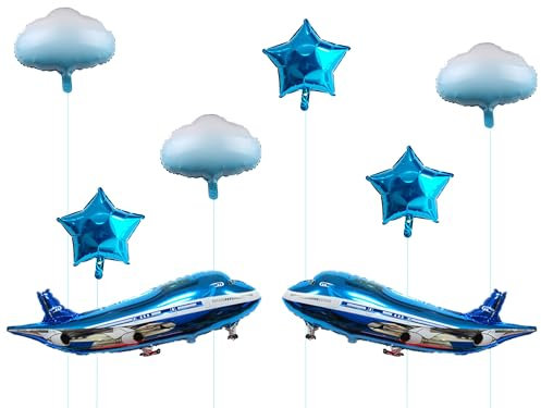 Flugzeug Luftballon Set 8 Stück Folienballon Airplane Stern Wolken Ballons Blau Geburtstagsluftballons für Junge Geburtstagsdeko, Flugzeuge Thema Party