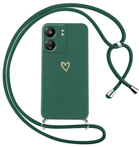 Oelrstfe Cover per Xiaomi Redmi 13C con Cordino,Custodia Silicone Morbido Sottile con Motivo Cuore e Collana Laccio Tracolla,Antiurto Antigraffio Corda Collo Regolabile Protettiva Case,Verde