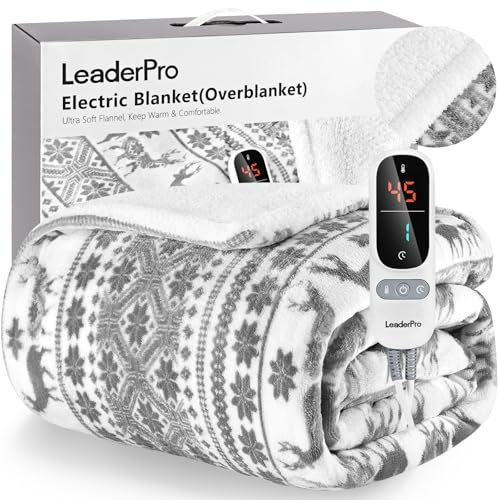 LeaderPro Heizdecke mit Abschaltautomatik,180x160cm Flanell Heizdecke 6 Heizstufenund 1-9 Stunden Timer,mit Überhitzungsschutz,Kuscheldecke für Bett&Büro Waschbar,Grau