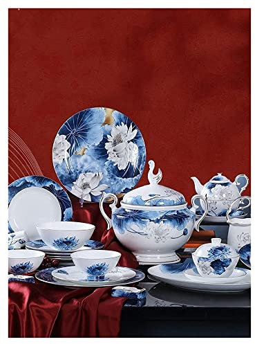 MOKLYF Set di stoviglie Set di Piatti, Servizio in Porcellana Cinese da 68 Pezzi per 10, stoviglie Floreali ad Acquerello, Ciotola e Piatto di Lusso Cinesi Leggeri(