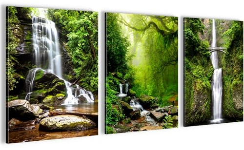 Novart Wandbilder Set Wald Wasserfall - KOMPLETT AUFHÄNGFERTIG - Wohnzimmer Schlafzimmer Flur Deko - 3 Moderne Bilder Grün - N033935a