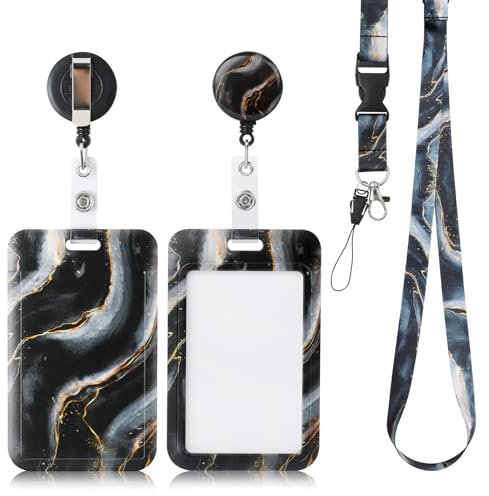 AiQInu Porte Badge avec Cordon, avec Clip de Mousqueton de Bobine de Badge Rétractable et Sangle de Longe Détachable, pour Porte Badges d'Identification, Clés pour Bureaux, Conférences (Noir)