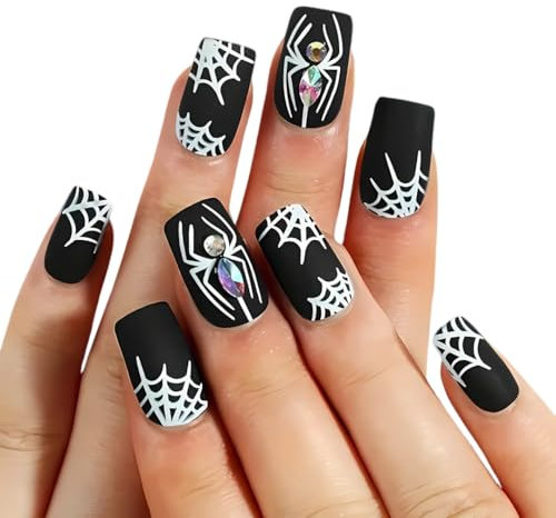 24pcs Halloween Spider Web Press on Fake Nails, Short Square Acrylic Nails