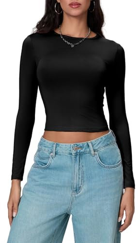 Women's Slim Fit Going Out Crop Tops Long Sleeve Crew Neck Solid Color Tight T Shirts Y2K Casual Basic Streetwear (Black, S)