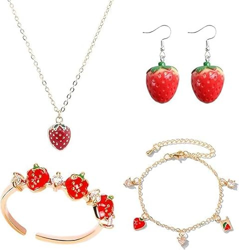 YUEXNKO Erdbeer Kinder Schmuckset, Erdbeerohrringe, Erdbeere Halskette, Erdbeere Armband, Erdbeeren Schmuck, Erdbeere Kinder Ohrringe, Rote Erdbeer Ohrringe, Erdbeer Schmuck Damen