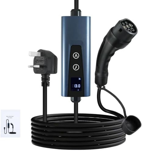 EV Charger Cable Type 2 to 3 Pin Plug 7.5M, Electric Car Charger 3 Pin EV Charger 3.3kW [6/8/10/13A] Portable IP65 Type 2 Charging Cable 3 Pin with 1.8″ LCD Screen Timing for EVs & PHEVs(LCD Screen)