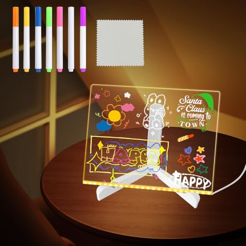 Tableau à Message LED,30x20cm,Tableau Message Lumières Led avec 7 Stylos de Couleur,Essuyable,Avec Support Réglable,Acrylique Lumineuse Message LED