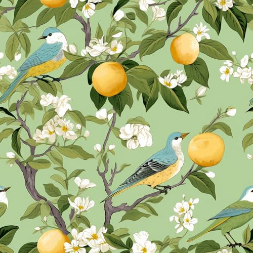 VEELIKE Green Fruit Floral Wallpaper Peel and Stick Vintage Bird Wallpaper for Bedroom Bathroom Kitchen 44.5cm x 300cm Removable Chinoiserie Wallpaper Green Floral Contact Paper for Cabinets Drawers