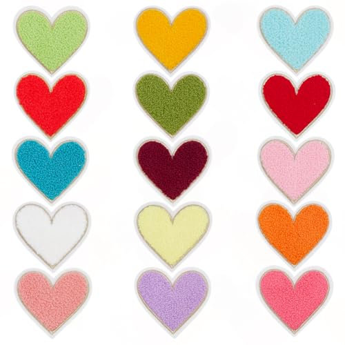 HOBBIESAY 15 Farbe 15 Stück Herz Aufbügler Herz Chenille Flicken Mit Goldenen Rändern Bunte Liebes Flicken Zum Aufnähen Dekorativer Aufnäher Für DIY Kleidung Jeans Hüte Rucksäcke Taschen Westen