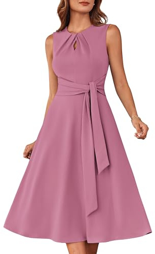 GRACE KARIN Damen A-Linien-Midikleid Ärmelloses Rundhalskleid mit Gürteltaschen Party Club Alltag Arbeit Hochzeit